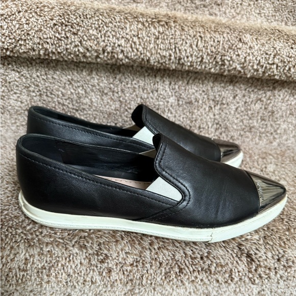 Miu Miu Black Slip-On Women's Leather Silver Cap Toes Accents Loafers - Picture 1 of 15